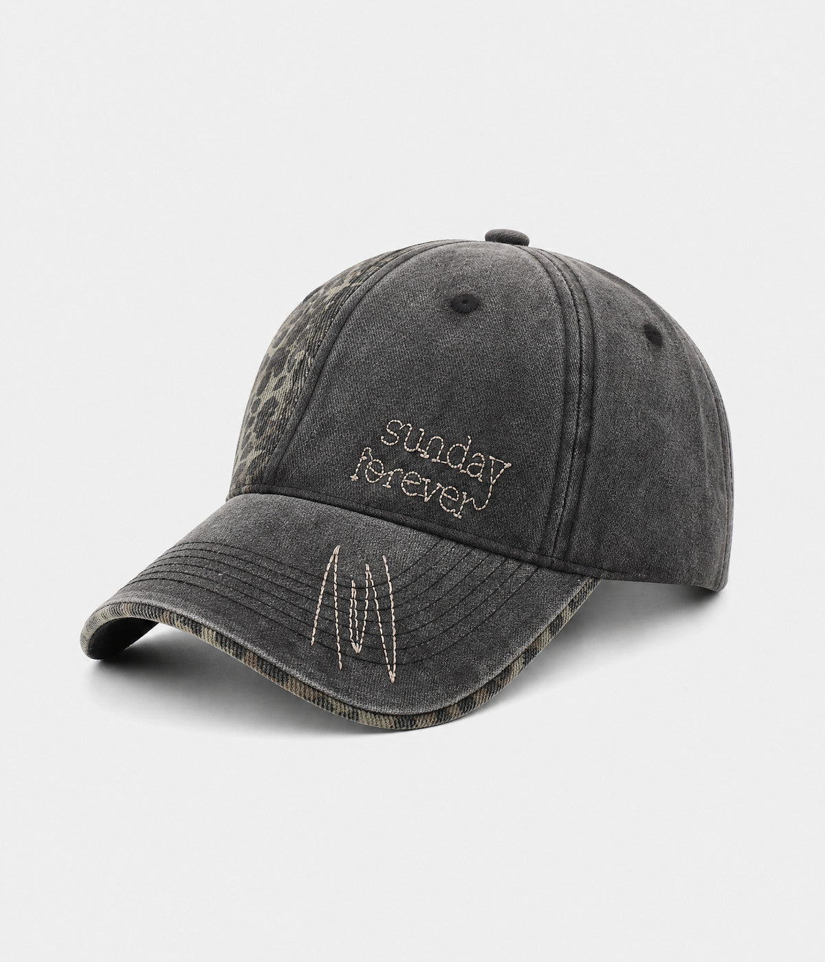 SUNDAY FOREVER. washed half-leopard dad cap in BLACK, side view
