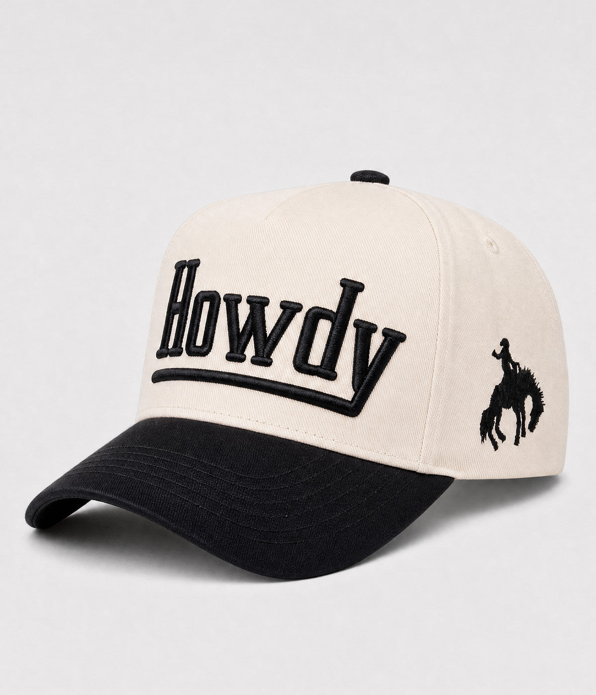 HOWDY SNAPBACK. structured cream cotton snapback cap in BLACK, side view