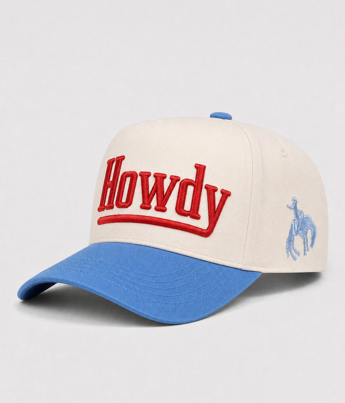 HOWDY SNAPBACK. structured cream cotton snapback cap in BLUE, side view