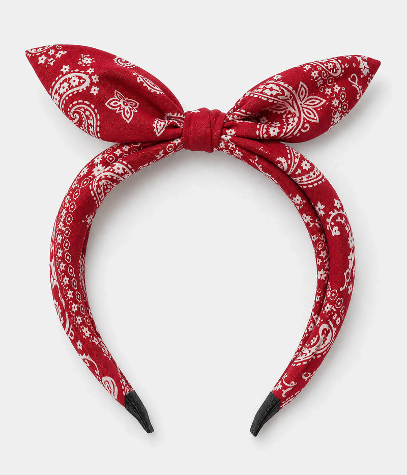 PAISLEY BOW HEADBAND. paisley bow headband in DARK RED, flat-lay view