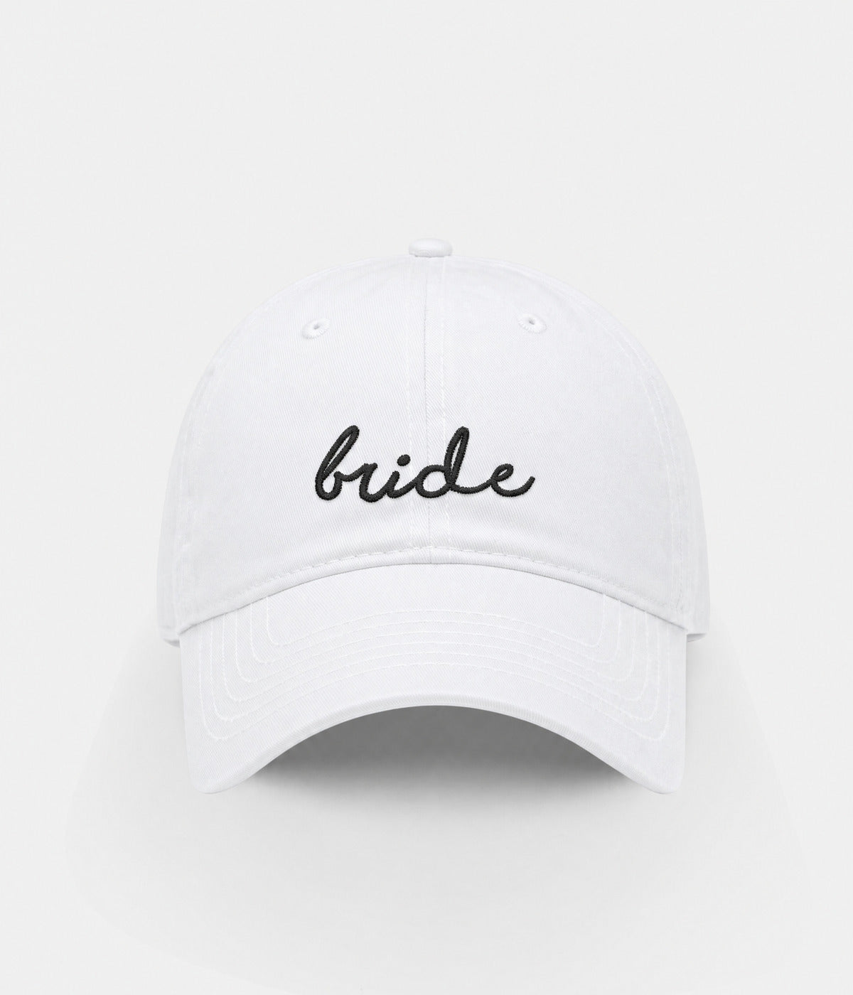 BRIDE. white cap with black bride embroidery, front view