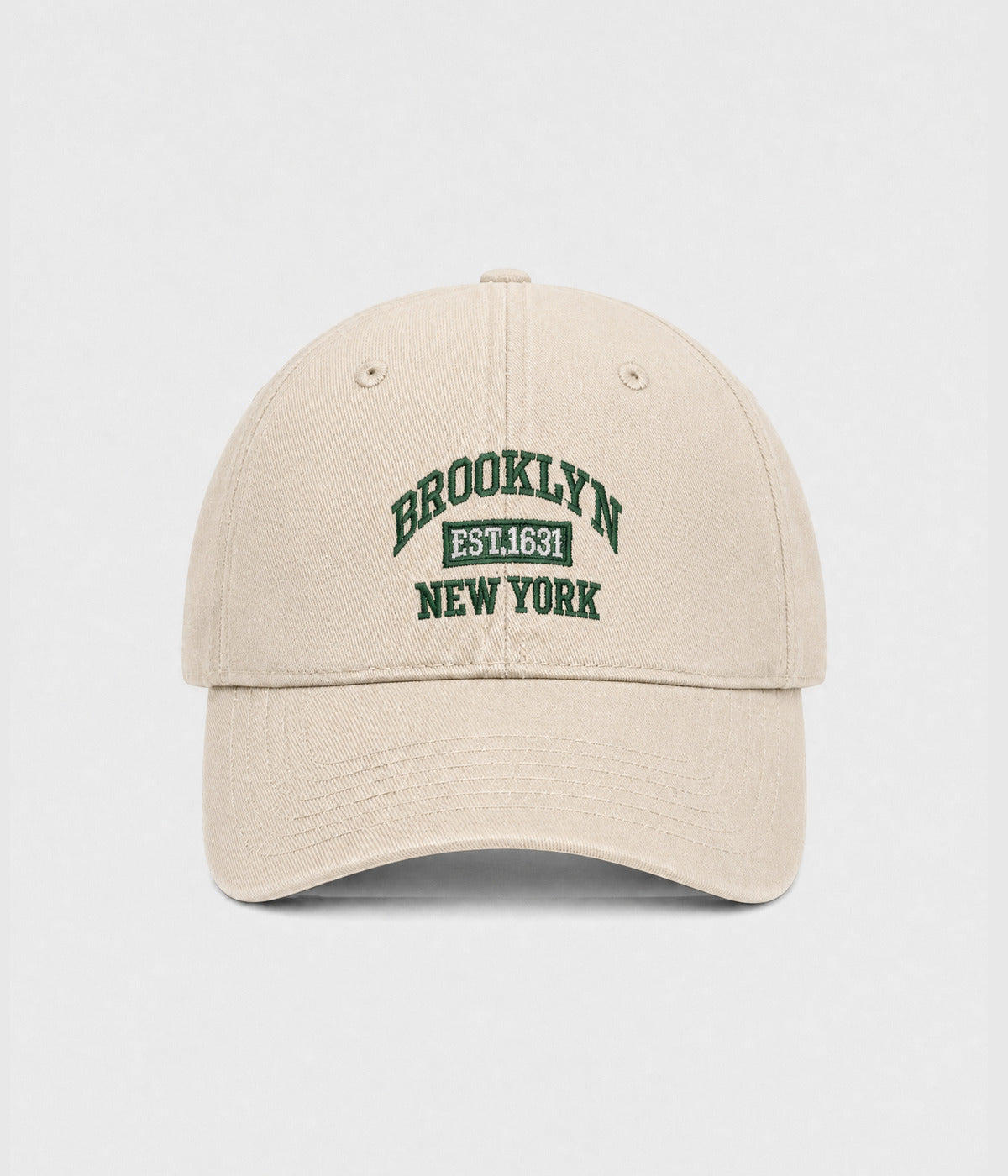 BROOKLYN NY. washed cotton dad cap in cream, front view