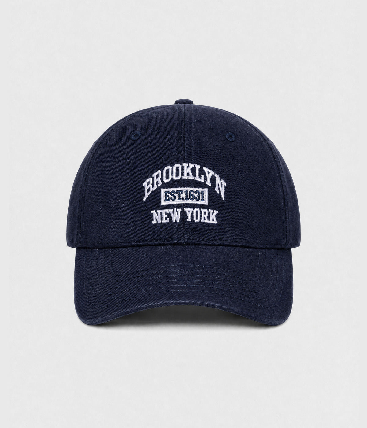 BROOKLYN NY. washed cotton dad cap in navy, front view