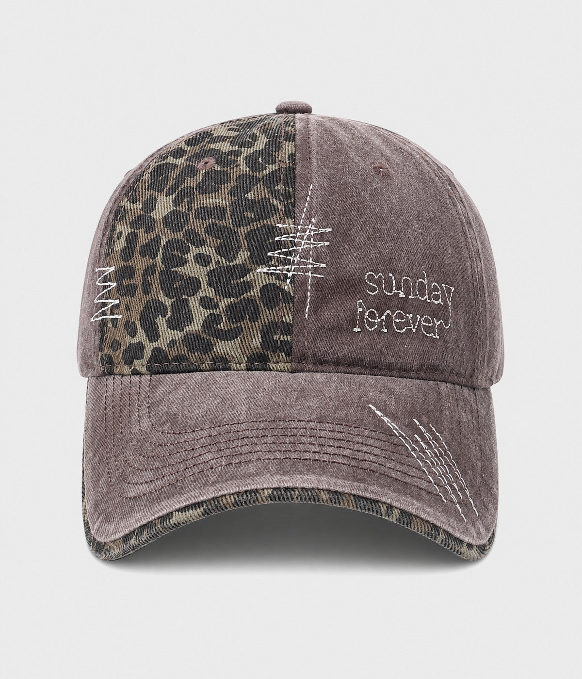 SUNDAY FOREVER. washed half-leopard dad cap in BROWN, front view
