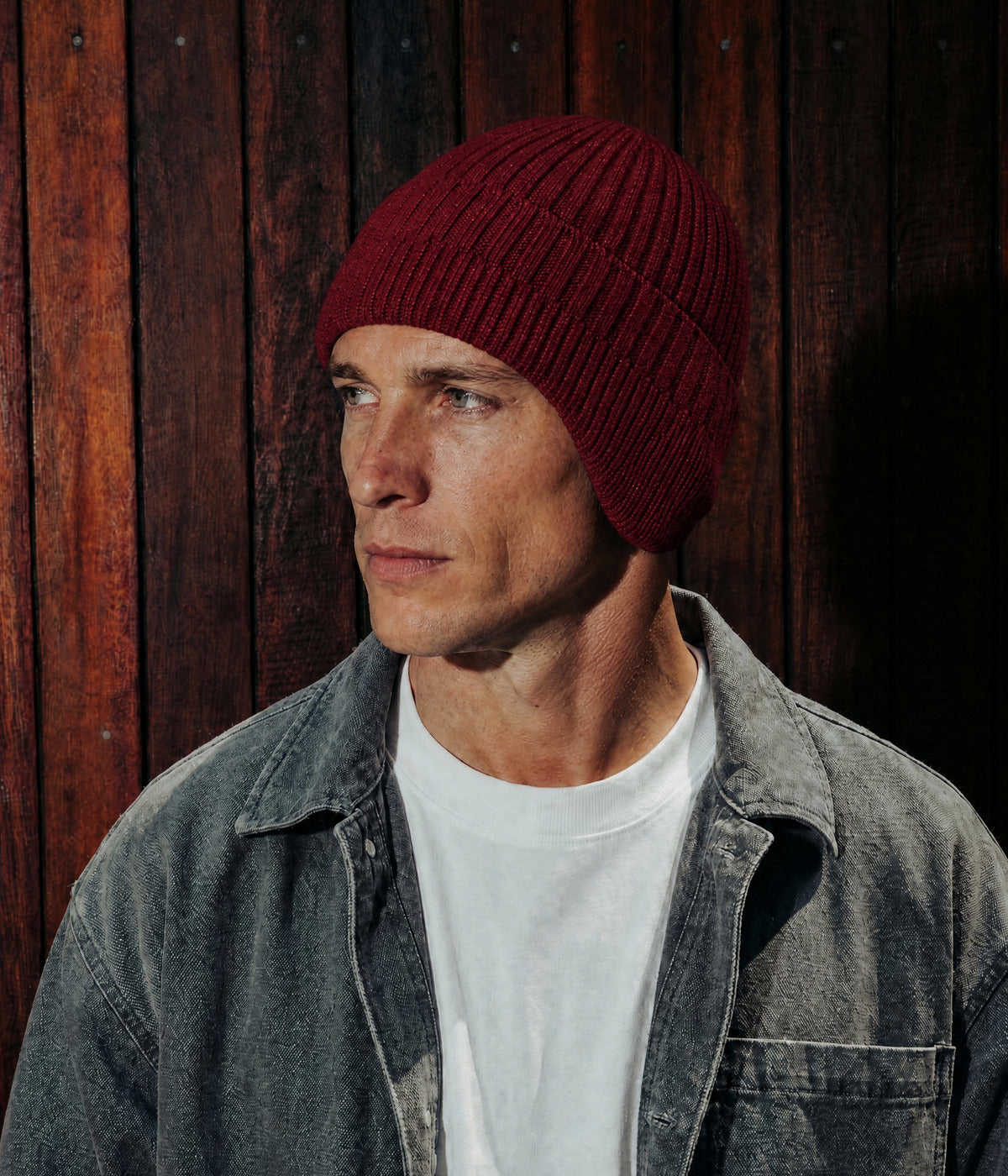 CABLE EARMUFF BEANIE. — MAROON worn