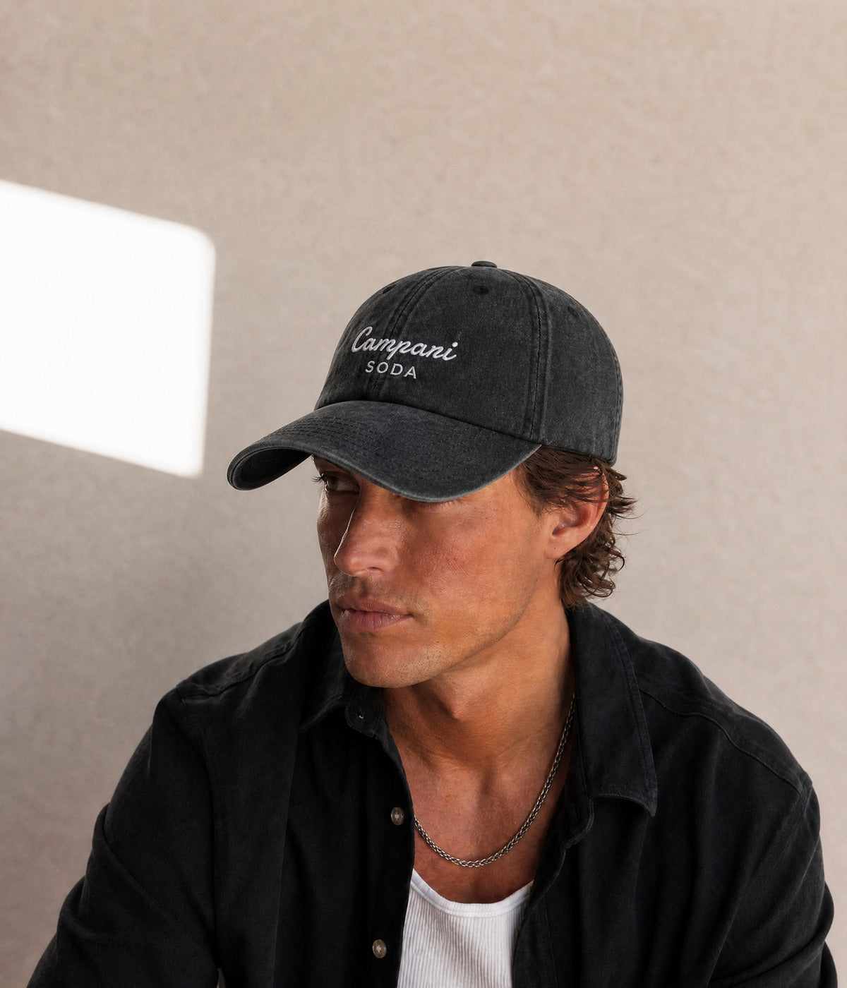 CAMPARI SODA. BLACK worn by a man