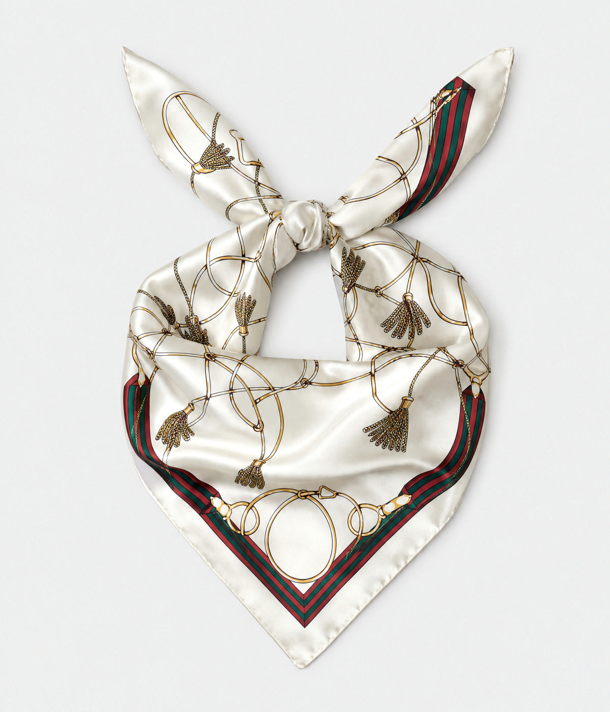 CHAIN HEAD SCARF. cream printed silk twill scarf, knotted