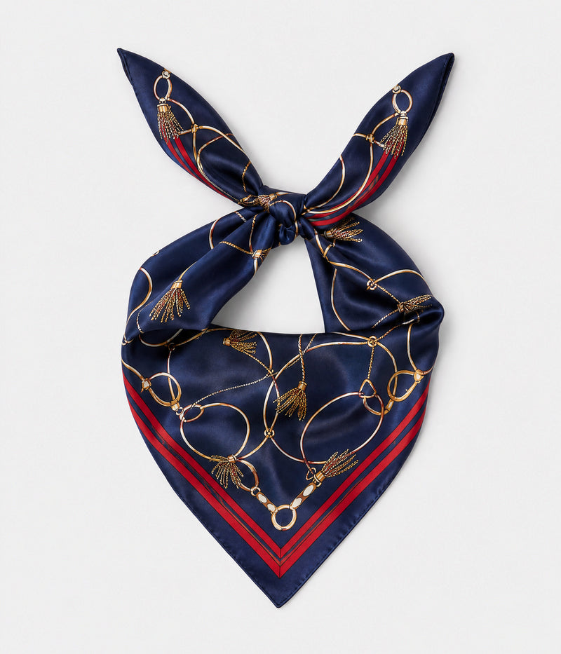 CHAIN HEAD SCARF. navy printed silk twill scarf, knotted