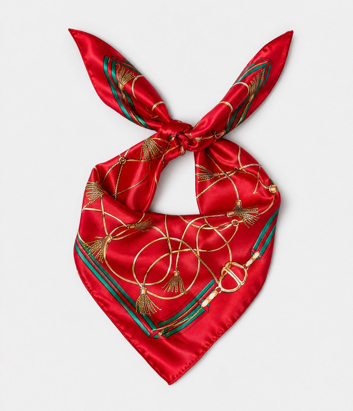 CHAIN HEAD SCARF. red printed silk twill scarf, knotted