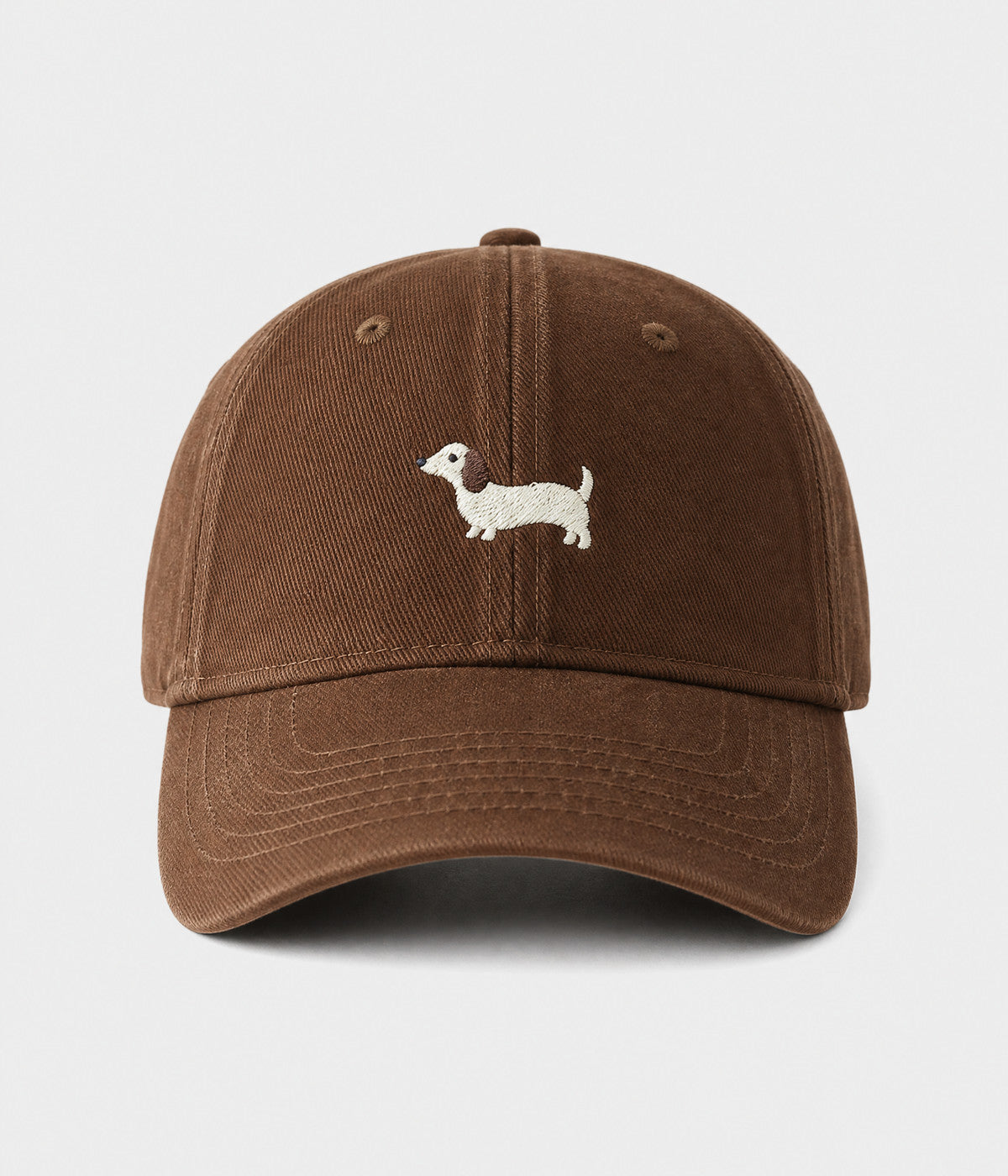 SAUSAGE DOG. washed cotton cap in coffee, front view