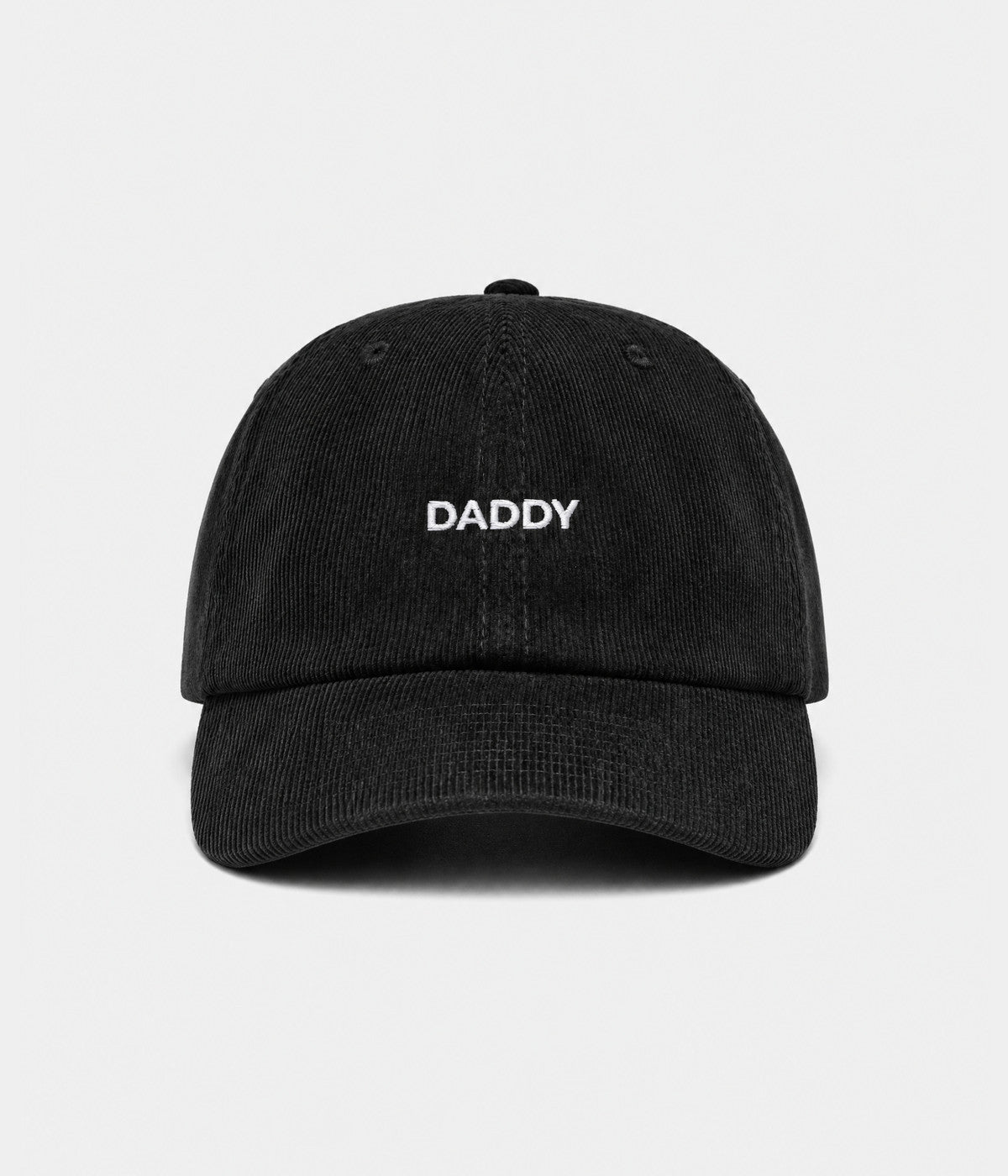 CORDUROY DADDY. unstructured corduroy dad cap in black, front view