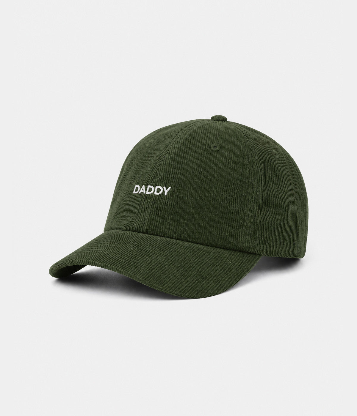 CORDUROY DADDY. unstructured corduroy dad cap in dark green, side view
