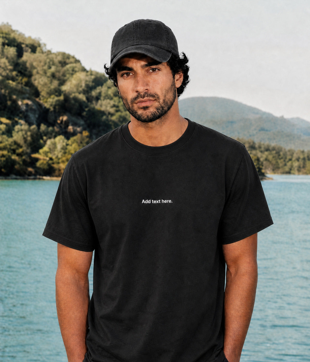 CUSTOM TEE. BLACK worn by a man