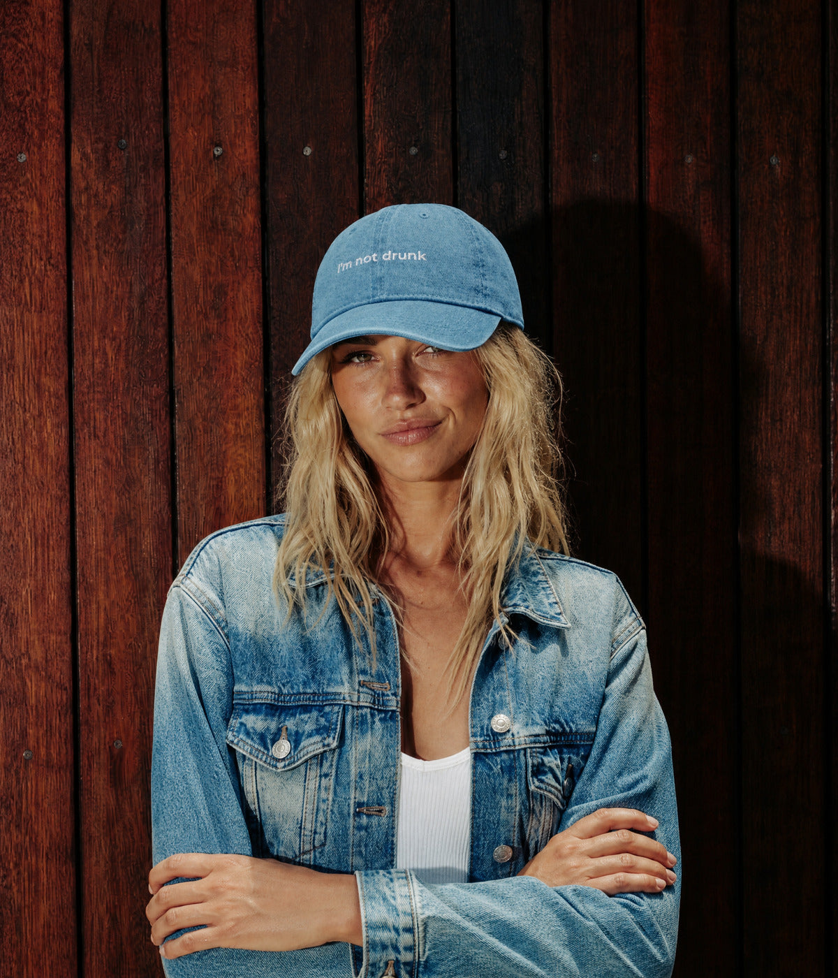 DENIM NOT DRUNK. BLUE worn by a woman