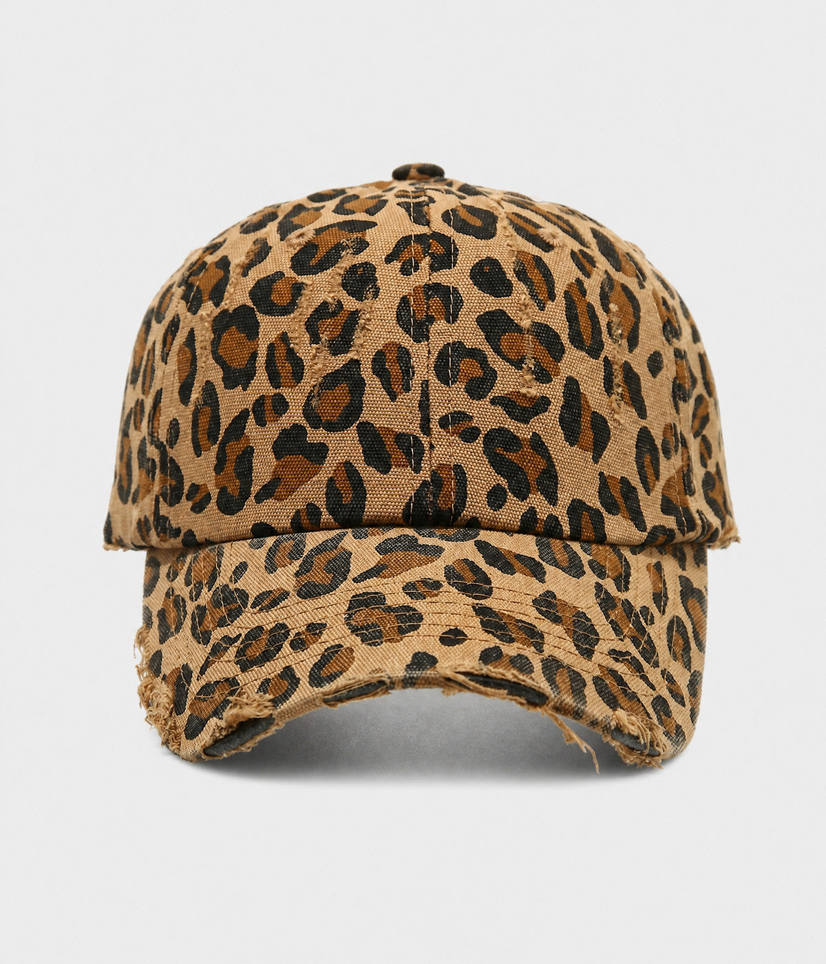 DISTRESSED LEOPARD. leopard-print cotton cap in khaki, front view