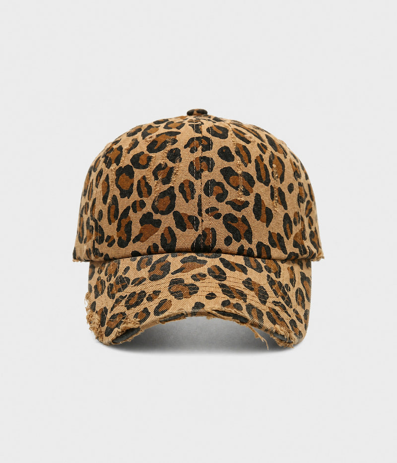 DISTRESSED LEOPARD. leopard-print cotton cap in khaki, front view