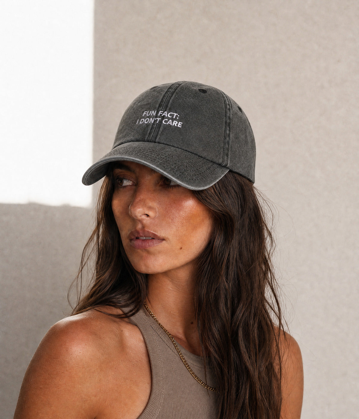 DON'T CARE. worn by a woman