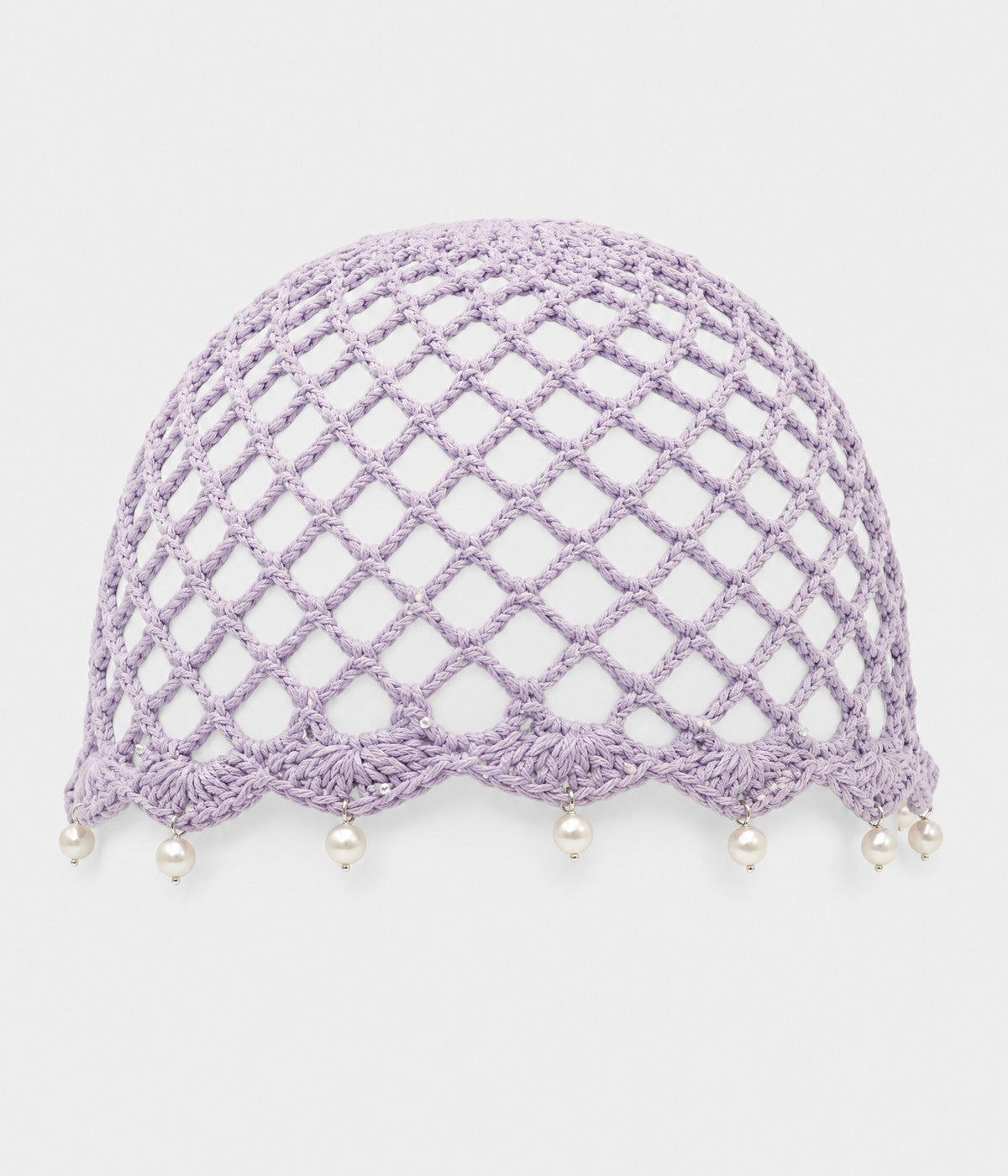 PEARL CROCHET CAP. open-mesh crochet cloche with pearl trim in light purple, front view