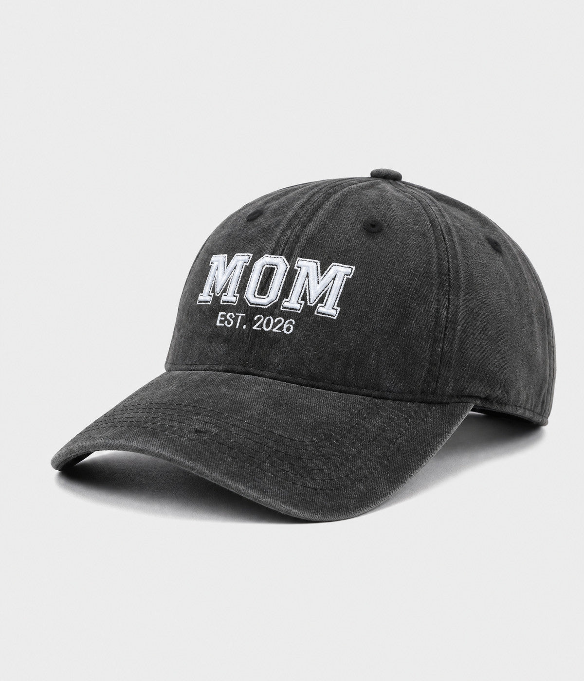 WASHED MOM EST 2026. washed cotton dad cap in BLACK, side view