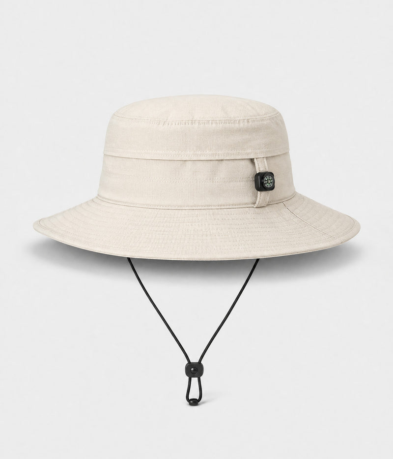 COMPASS BOONIE. quick-dry boonie sun hat with button compass in beige, front view
