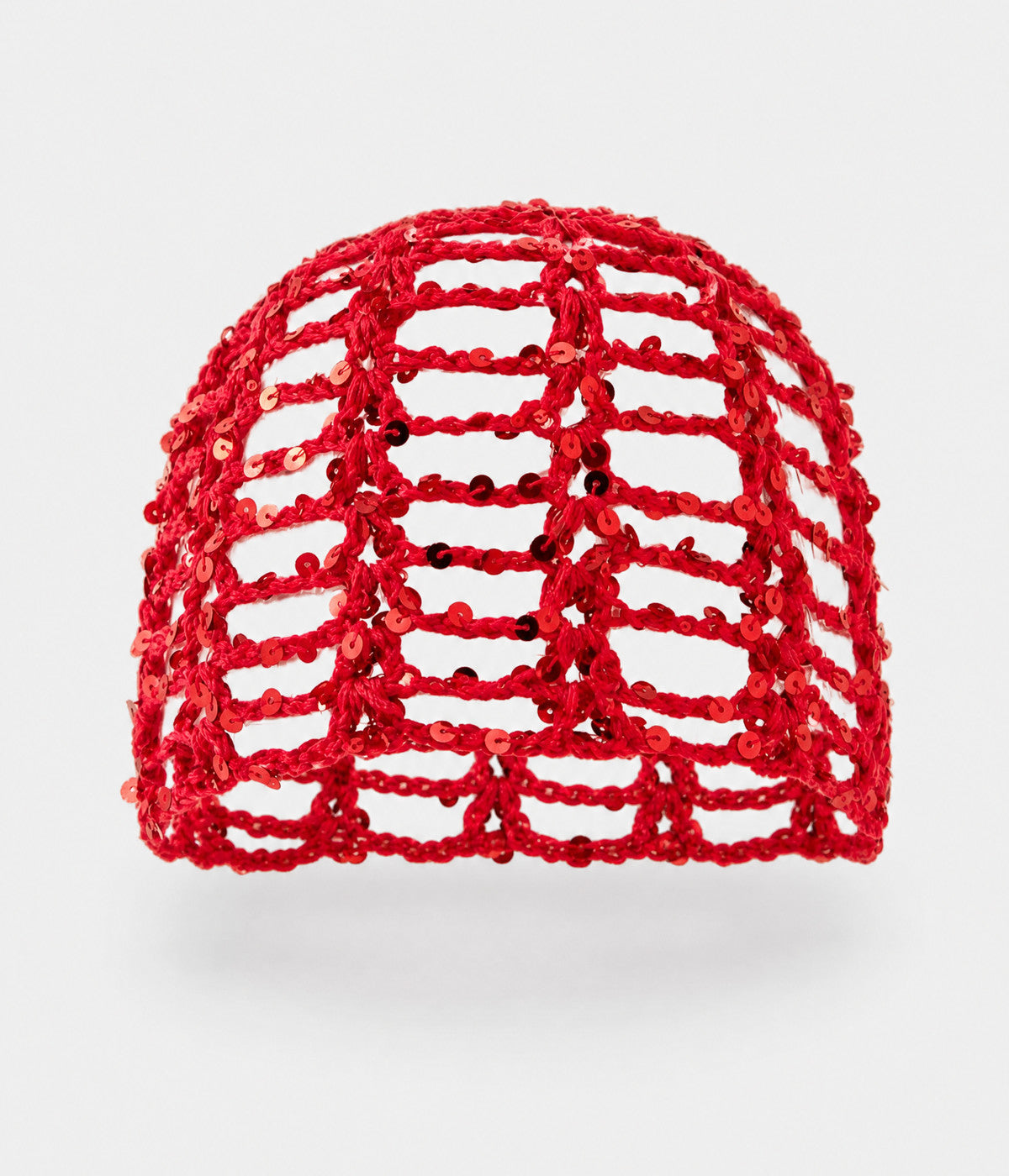SEQUIN CROCHET CAP. open-work sequin crochet cap in red, front view