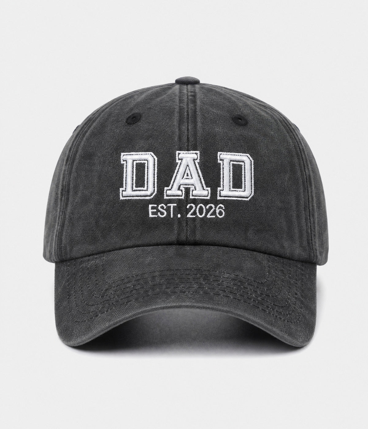 WASHED DAD EST 2026. washed cotton dad cap in BLACK, front view
