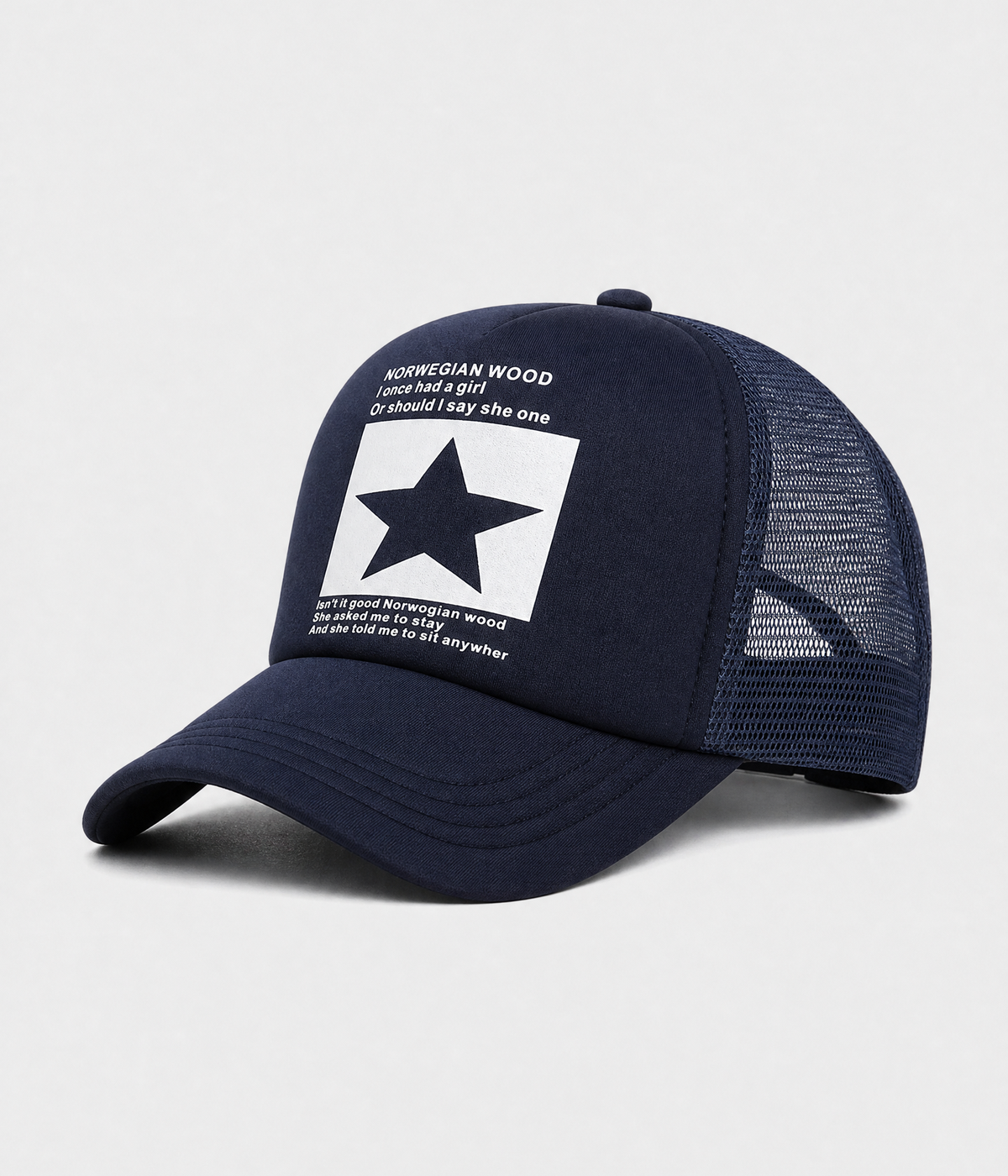 STAR TRUCKER. cotton-polyester trucker cap in navy, side view