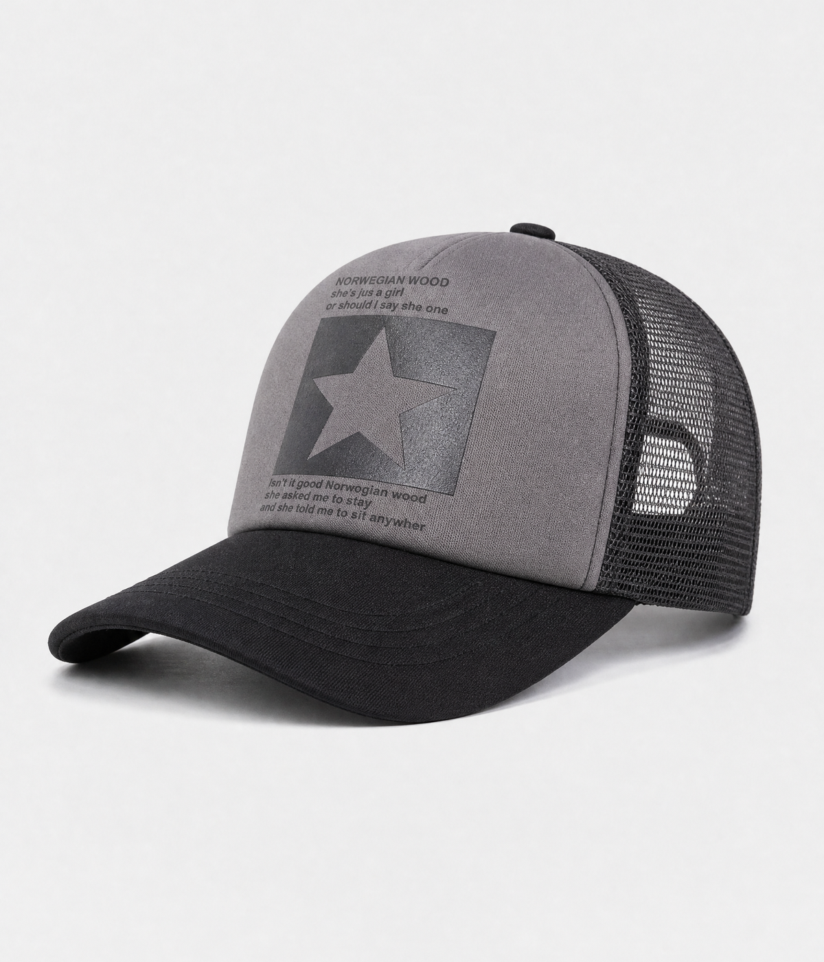 STAR TRUCKER. cotton-polyester trucker cap in gray, side view