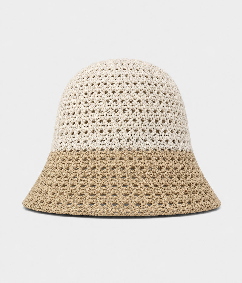 CROCHET BUCKET. open crochet cloche bucket hat in khaki, front view
