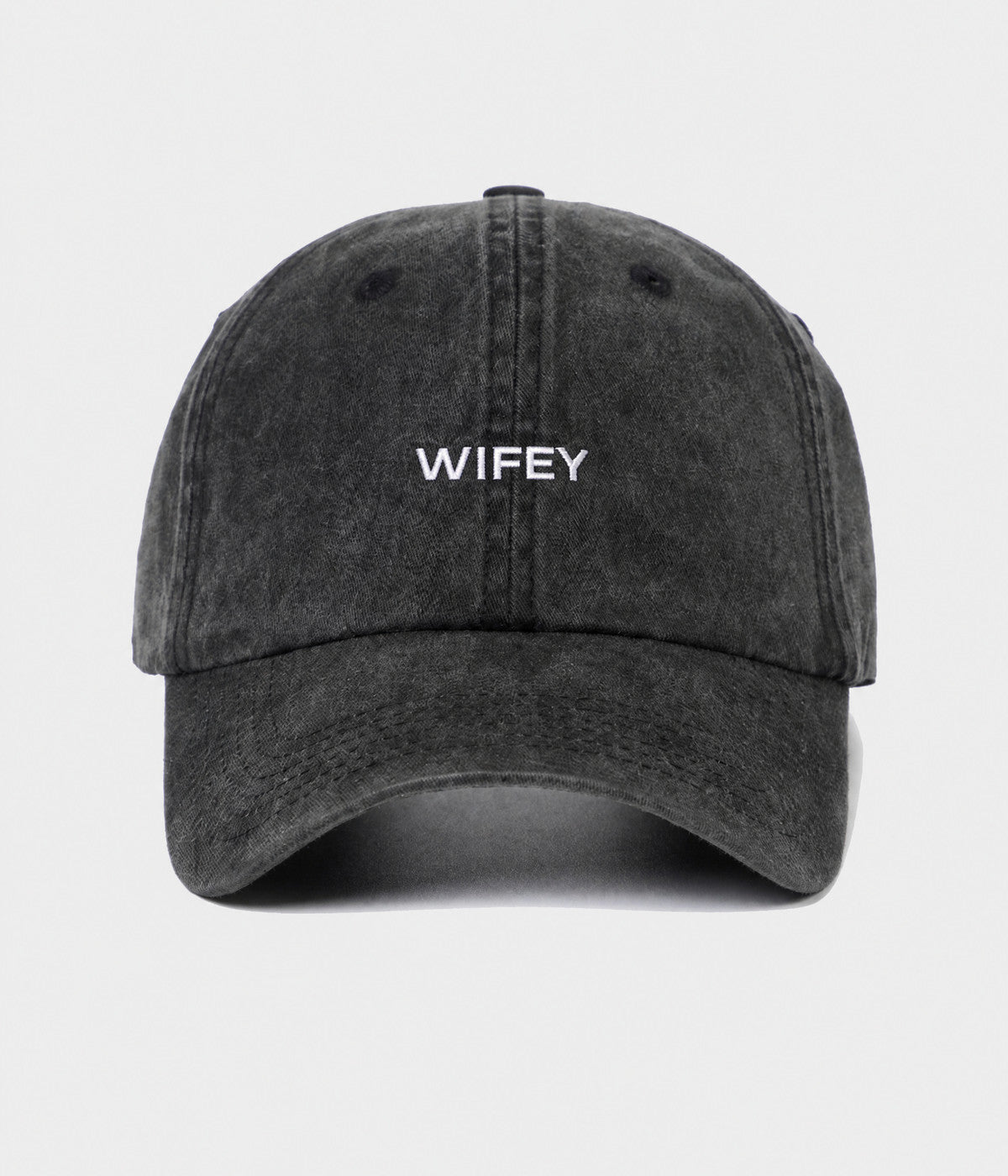 WASHED WIFEY. washed cotton dad cap in BLACK, front view
