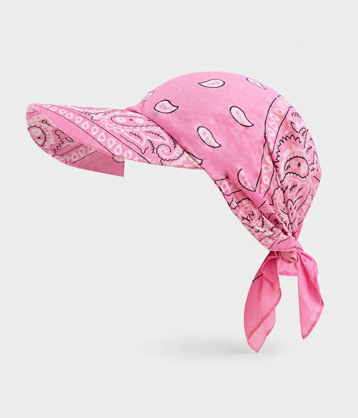 PEAKED BANDANA CAP. peaked paisley bandana cap in pink, front view