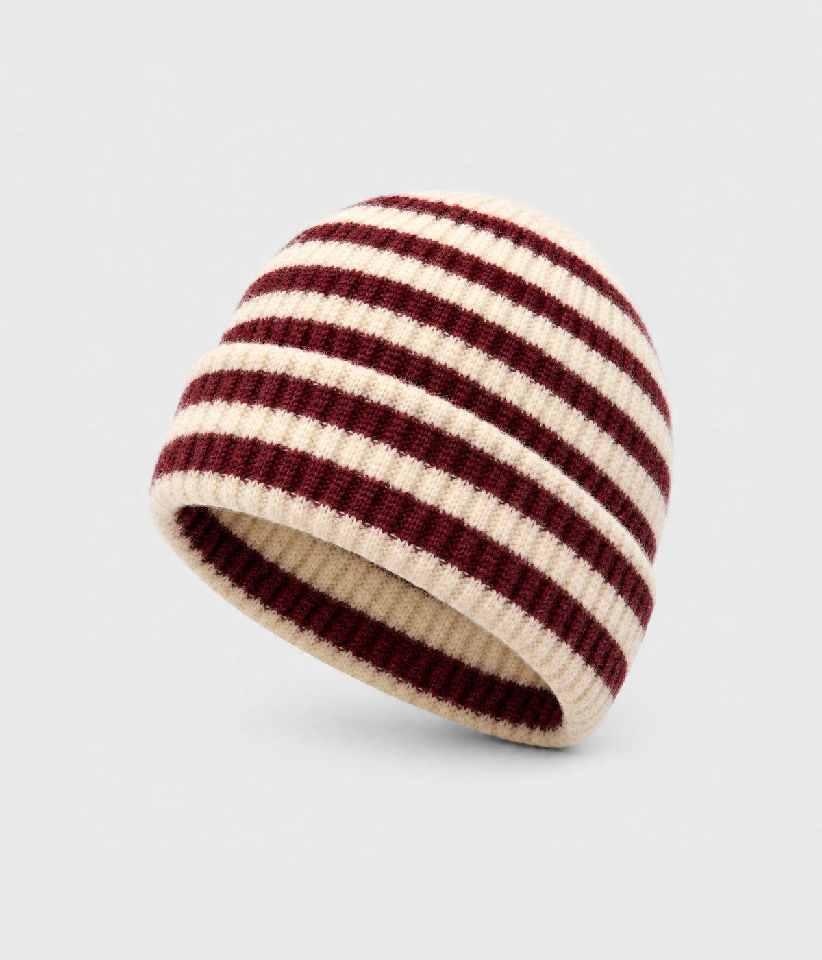STRIPED BEANIE. ribbed knit beanie in dark red, front view