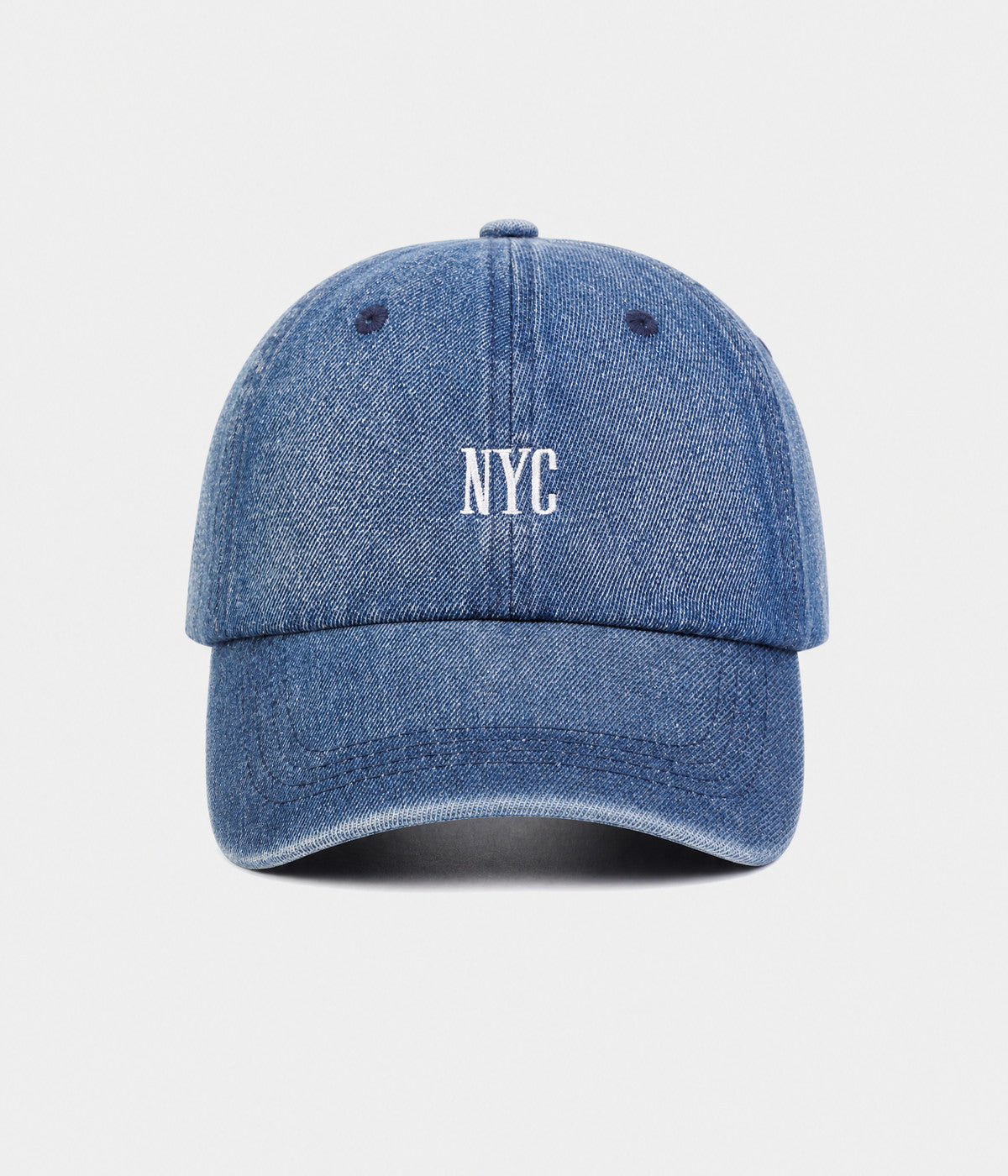 NYC DENIM. washed cotton denim cap in BLUE, front view