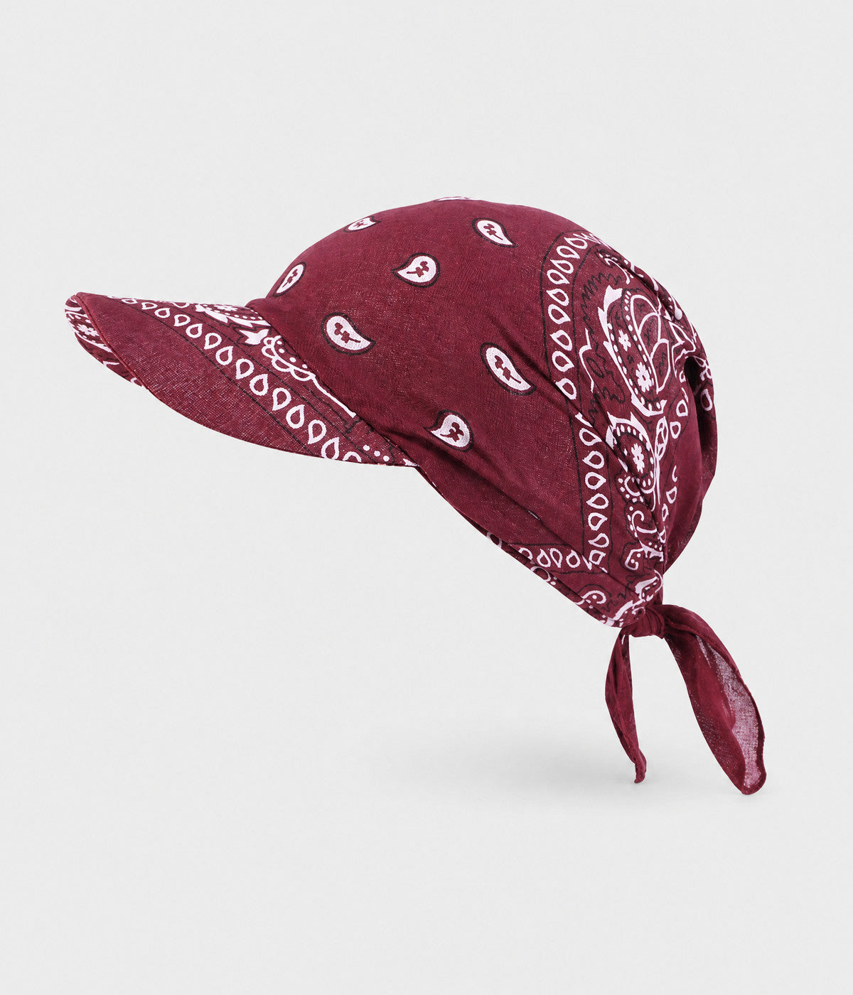 PEAKED BANDANA CAP. peaked paisley bandana cap in wine red, front view
