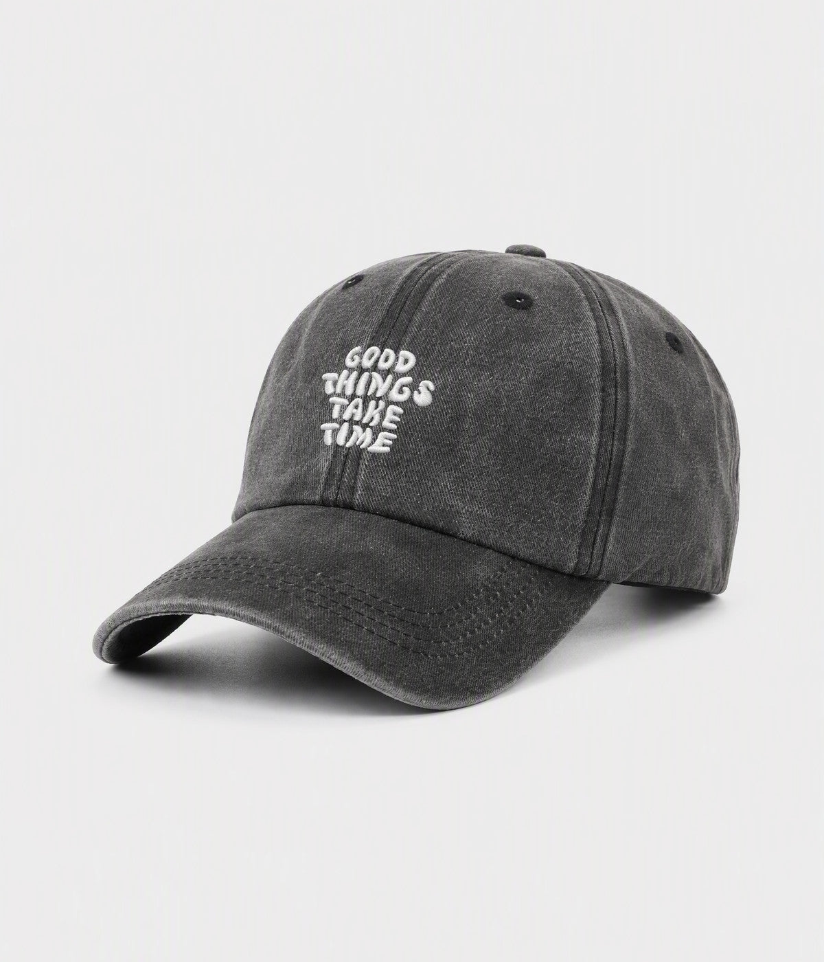 GOOD THINGS TAKE TIME. washed cotton dad cap in black, side view