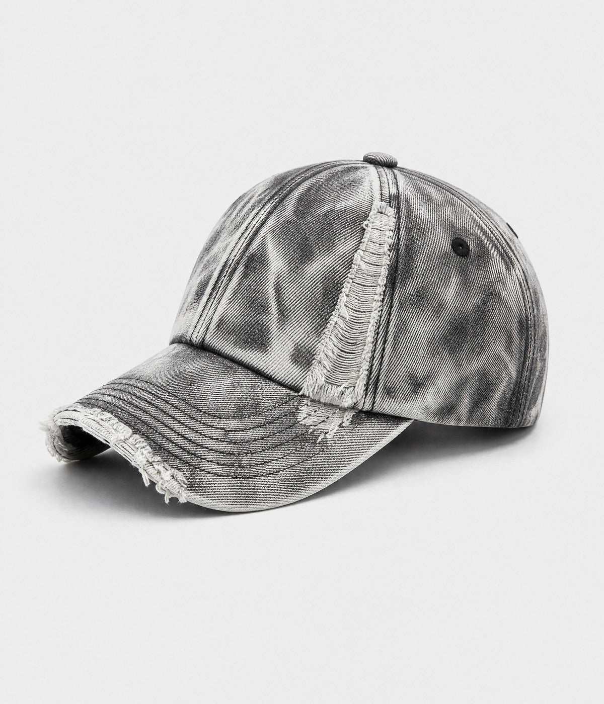 SNOW WASH DENIM. acid-washed denim cap in dark gray, side view