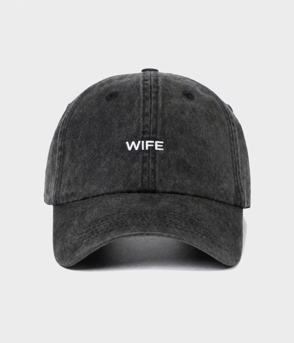WASHED WIFE. washed cotton dad cap in BLACK, front view