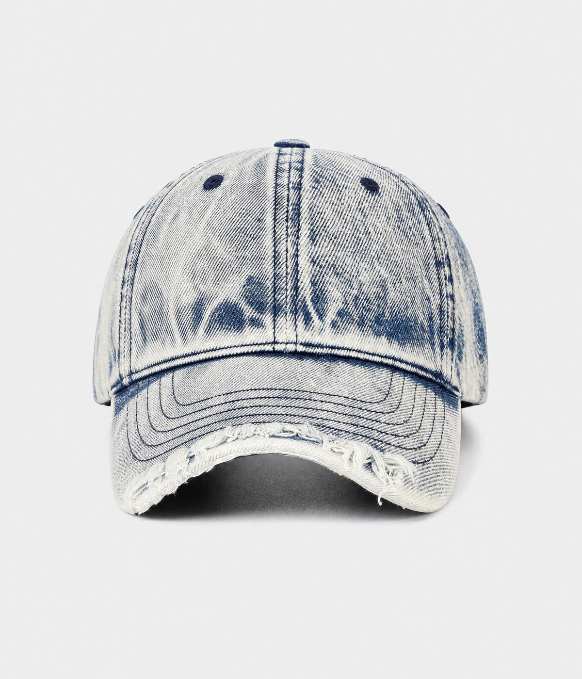 SNOW WASH DENIM. acid-washed denim cap in blue, front view