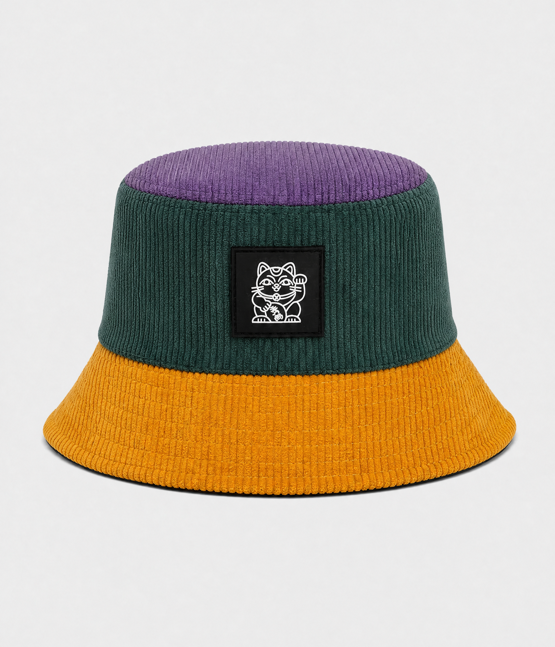 CORDUROY BLOCK BUCKET. purple yellow front