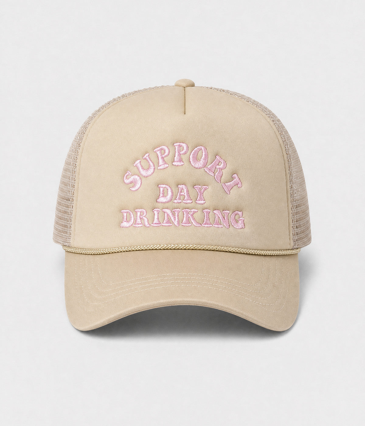 SUPPORT DAY DRINKING TRUCKER. foam-front mesh trucker cap in KHAKI, front view