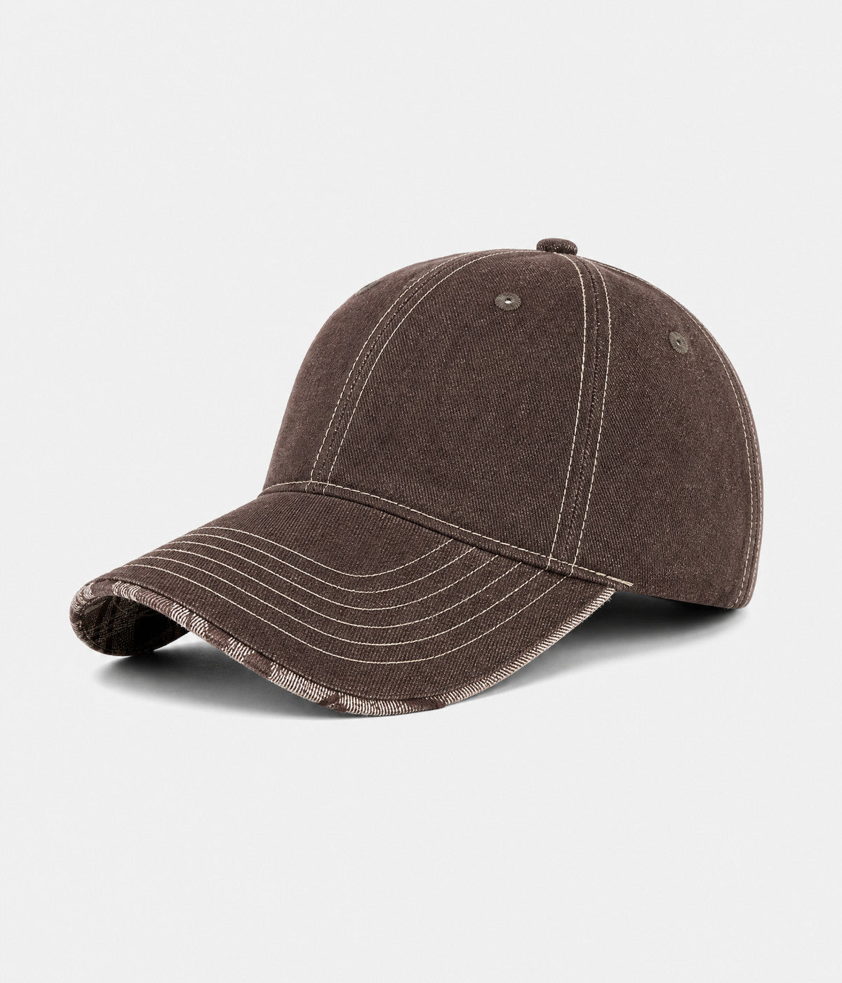 DENIM PLAID. washed denim cap in brown, side view