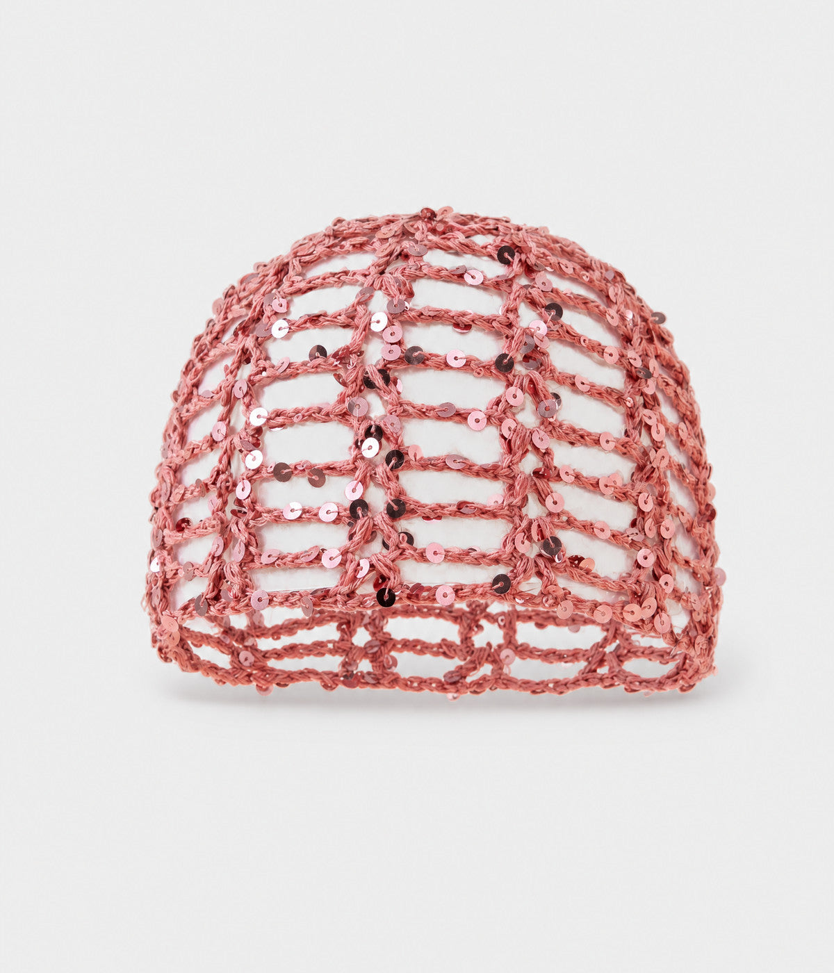 SEQUIN CROCHET CAP. open-work sequin crochet cap in pink, front view