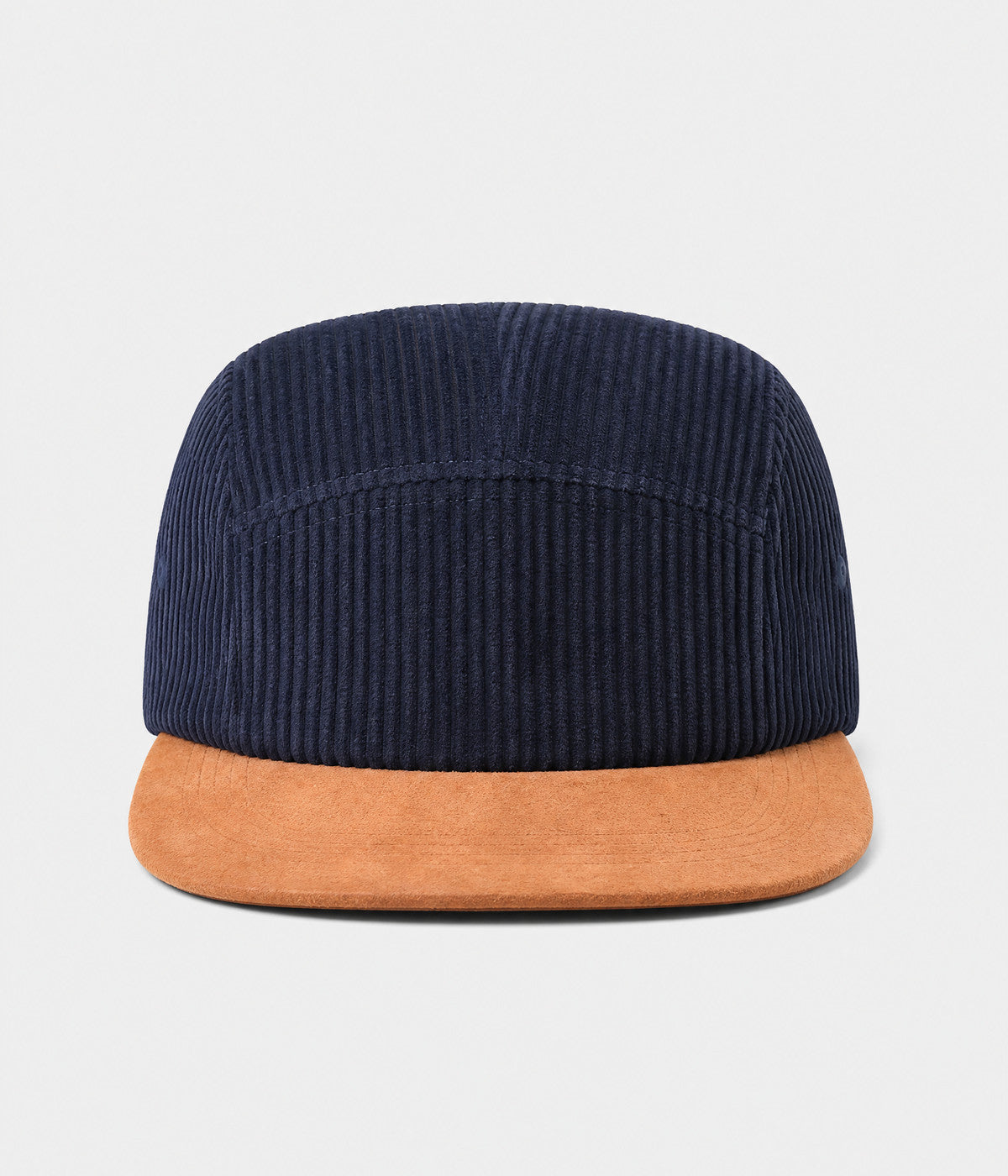 CORDUROY CAMP. wide-wale corduroy five-panel camp cap in navy, front view