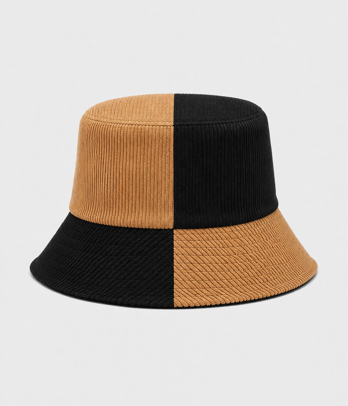 PATCHWORK BUCKET. corduroy bucket hat in BLACK BROWN, front view