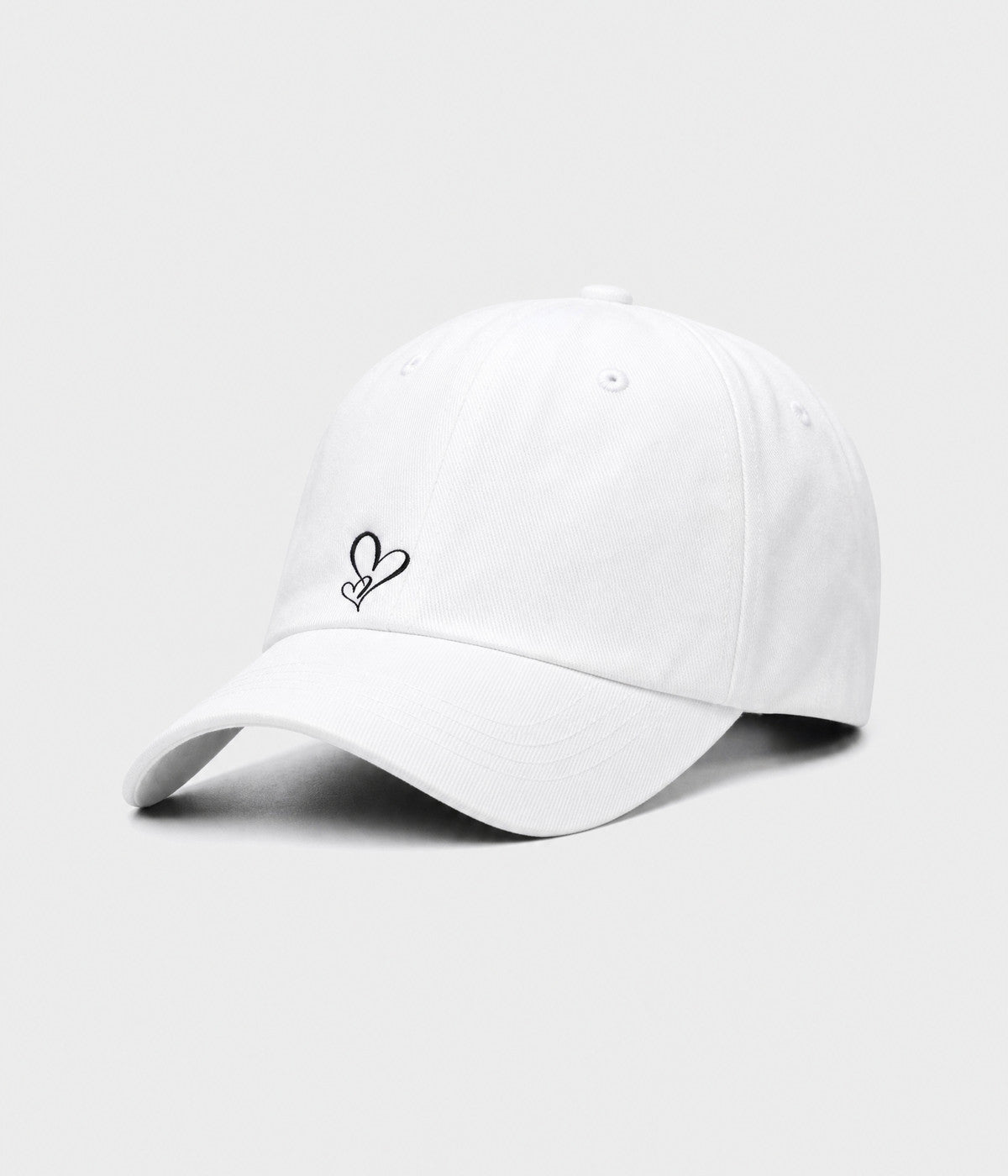 TWO HEARTS. cotton dad cap in white, side view