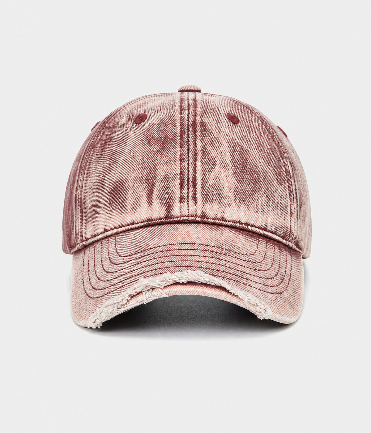 SNOW WASH DENIM. acid-washed denim cap in red, front view