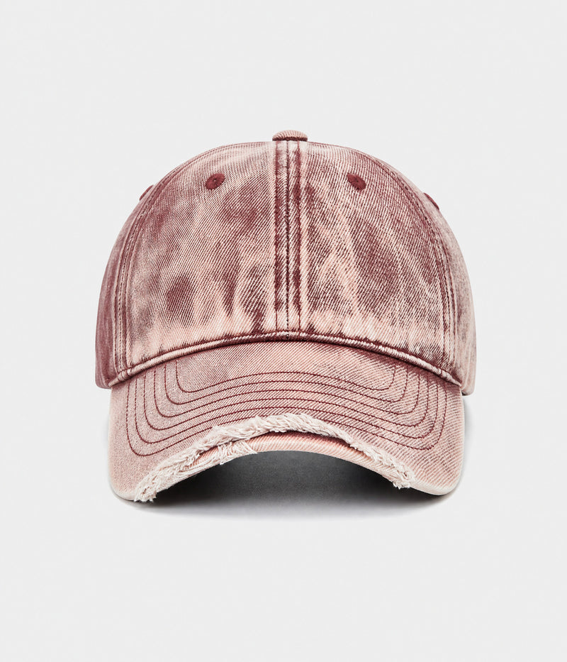 SNOW WASH DENIM. acid-washed denim cap in red, front view