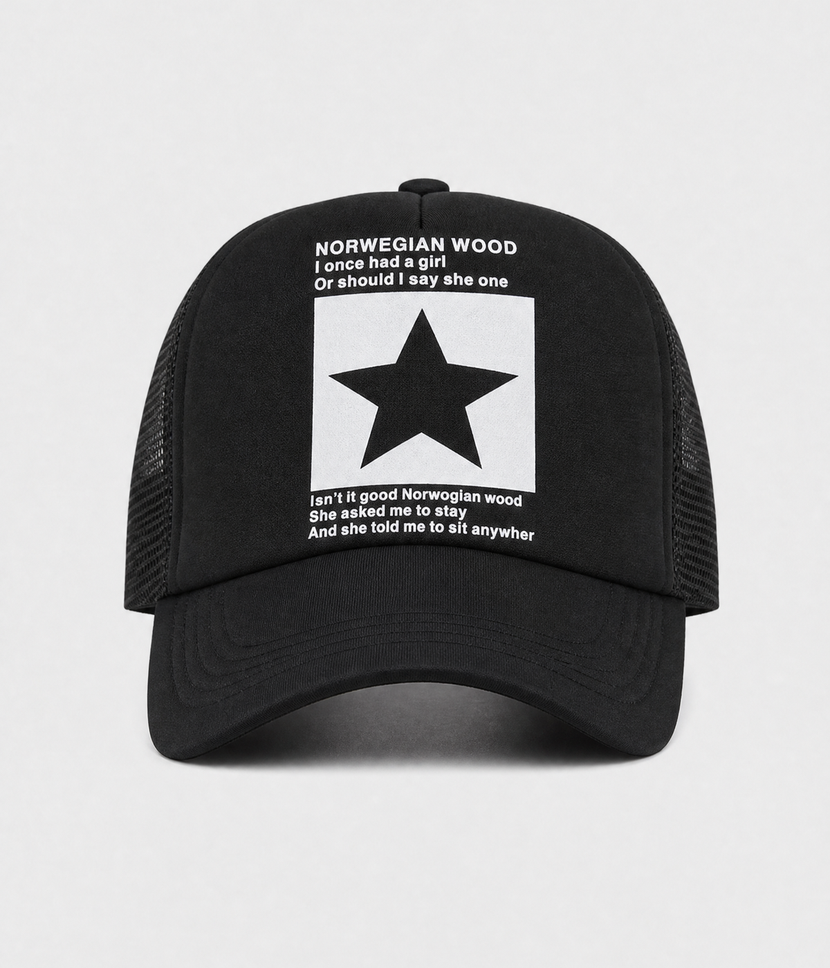 STAR TRUCKER. cotton-polyester trucker cap in black, front view