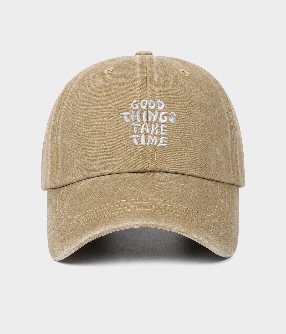 GOOD THINGS TAKE TIME. washed cotton dad cap in khaki, front view
