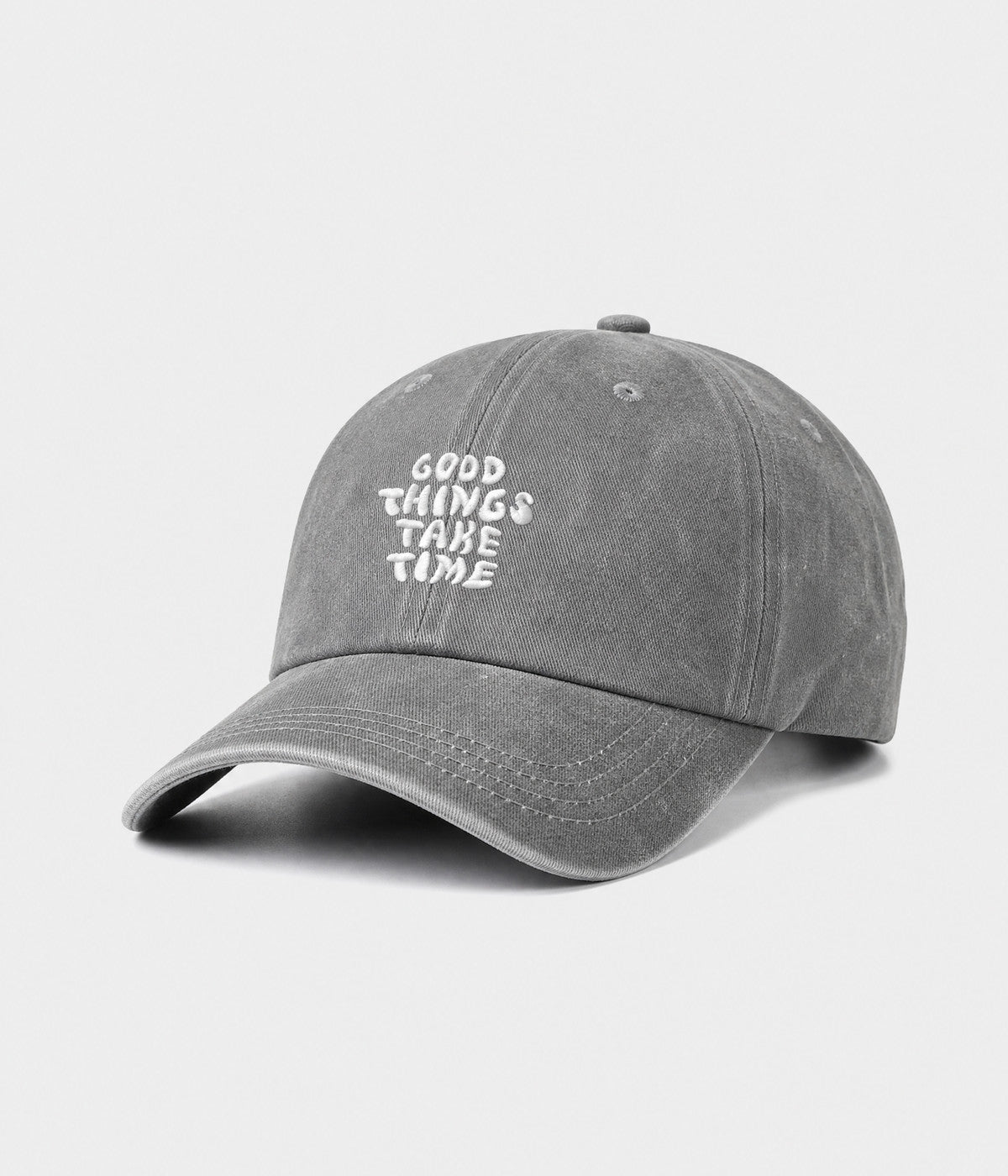 GOOD THINGS TAKE TIME. washed cotton dad cap in gray, side view